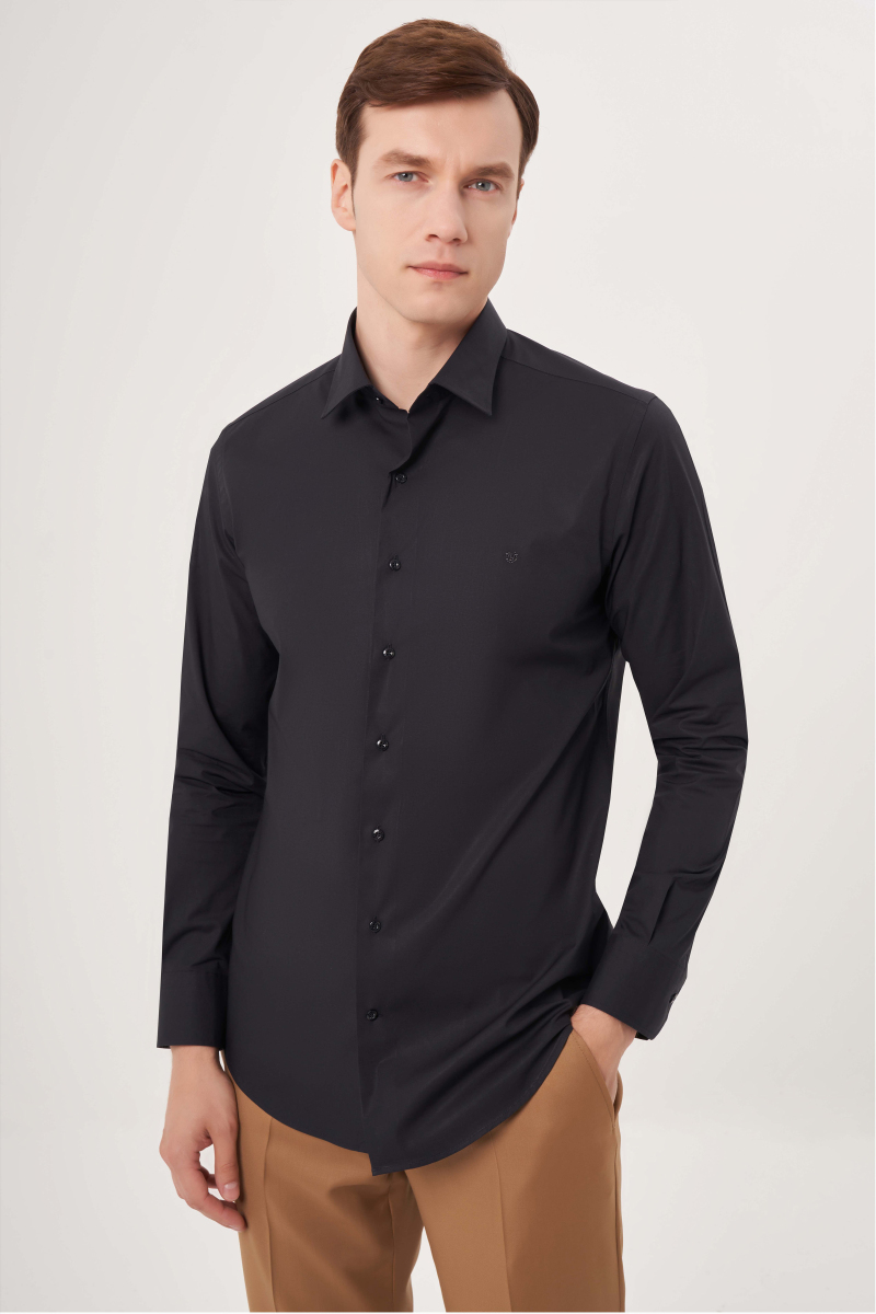 Modern Fit Siyah Basic Klasik Erkek Gömlek - 1