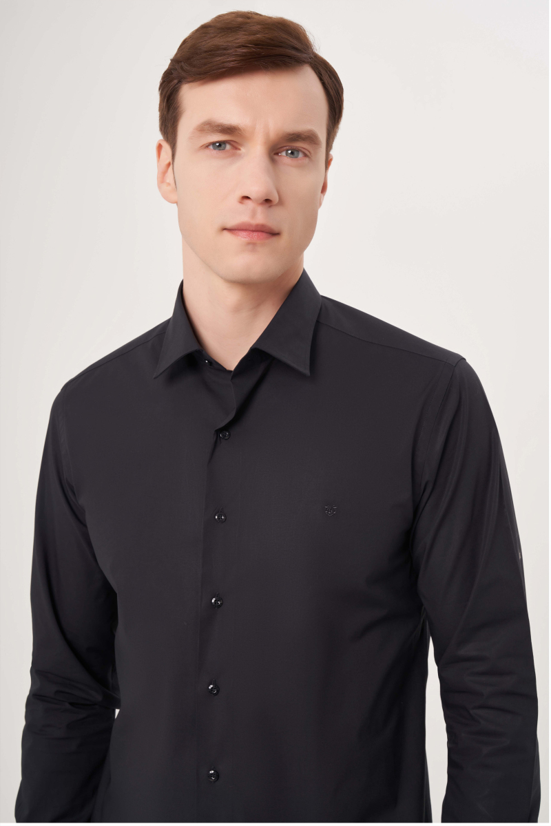 Modern Fit Siyah Basic Klasik Erkek Gömlek - 3