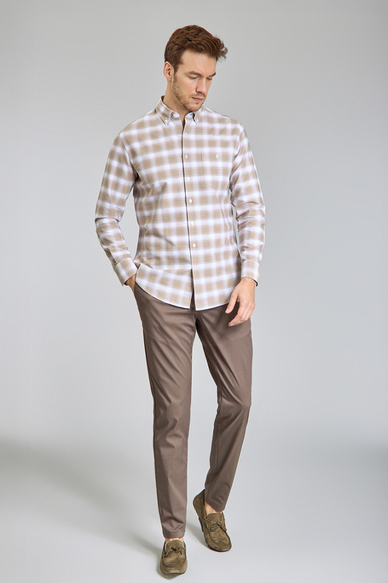 Modern Fit Yarım İtalyan Düğmeli Yaka Bej Spor Erkek Gömlek - 2