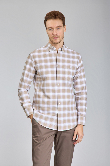 Modern Fit Yarım İtalyan Düğmeli Yaka Bej Spor Erkek Gömlek - 1