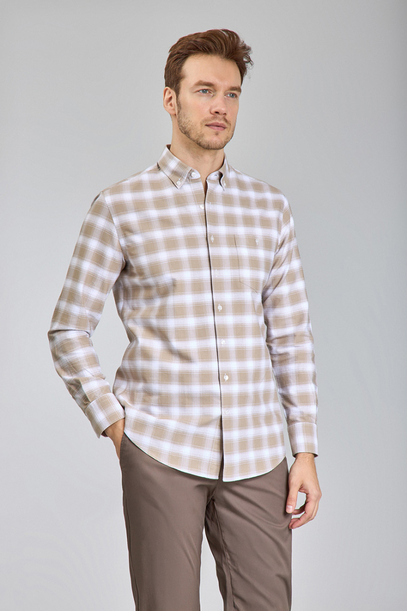 Modern Fit Yarım İtalyan Düğmeli Yaka Bej Spor Erkek Gömlek - 5