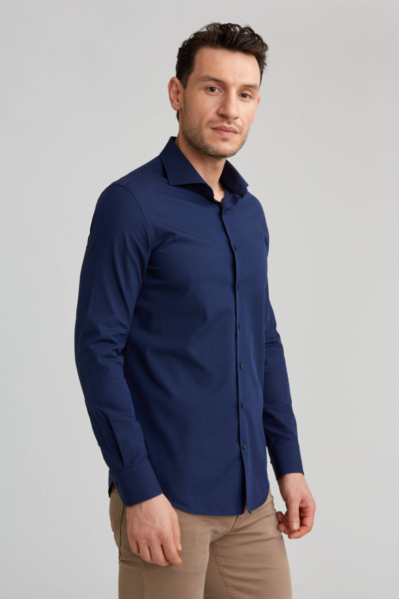 Modern Fit Yarım İtalyan Yaka Lacivert Erkek Gömlek - 5