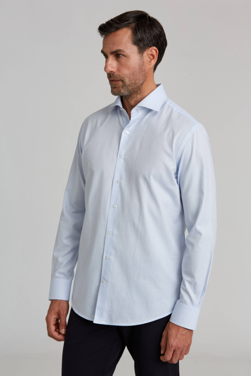 Modern Fit Yarım İtalyan Yaka Mavi Klasik Erkek Gömlek - 4