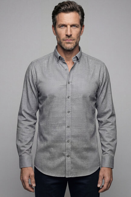 Modern Fit Yarım İtalyan Yaka Pamuk Antrasit Erkek Gömlek - 1