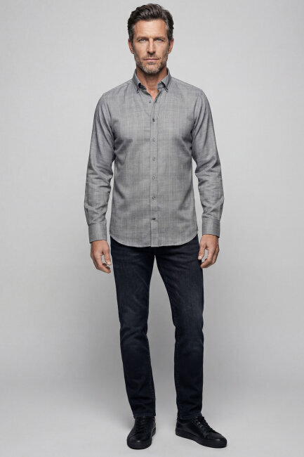 Modern Fit Yarım İtalyan Yaka Pamuk Antrasit Erkek Gömlek - 5