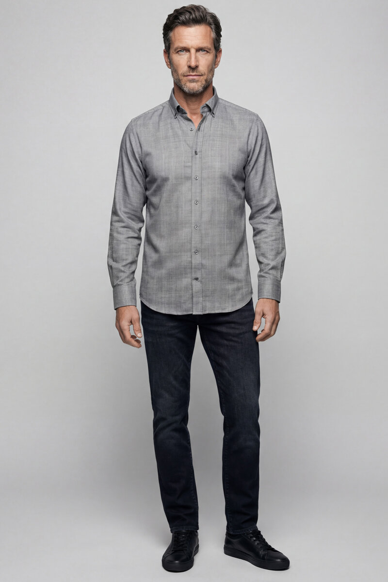 Modern Fit Yarım İtalyan Yaka Pamuk Antrasit Erkek Gömlek - 5