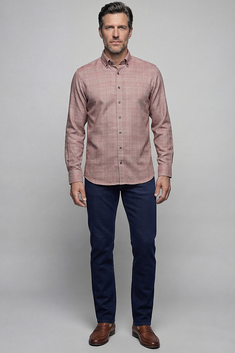 Modern Fit Yarım İtalyan Yaka Pamuk Kiremit Erkek Gömlek - 6