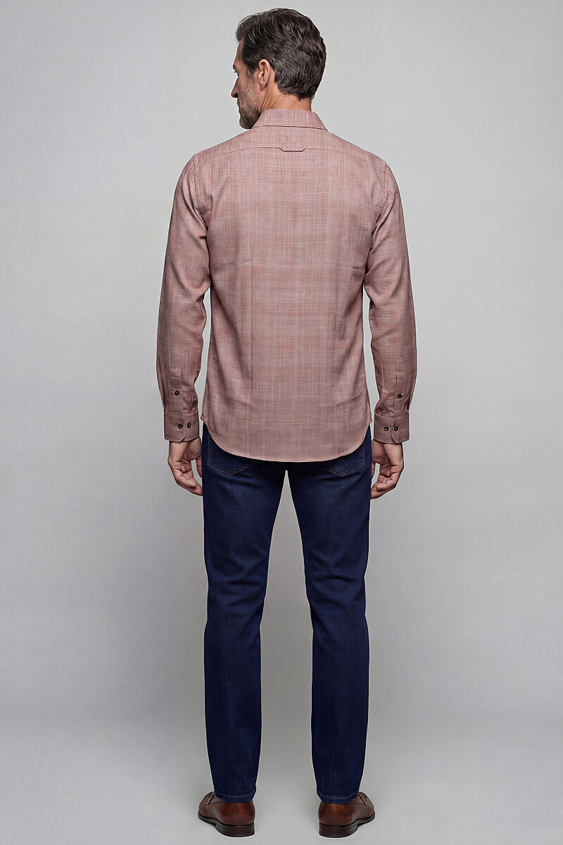 Modern Fit Yarım İtalyan Yaka Pamuk Kiremit Erkek Gömlek - 5