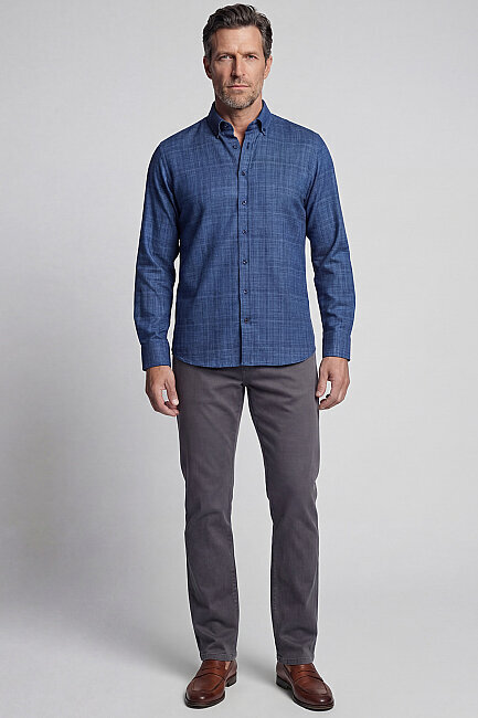 Modern Fit Yarım İtalyan Yaka Pamuk Lacivert Erkek Gömlek - 4