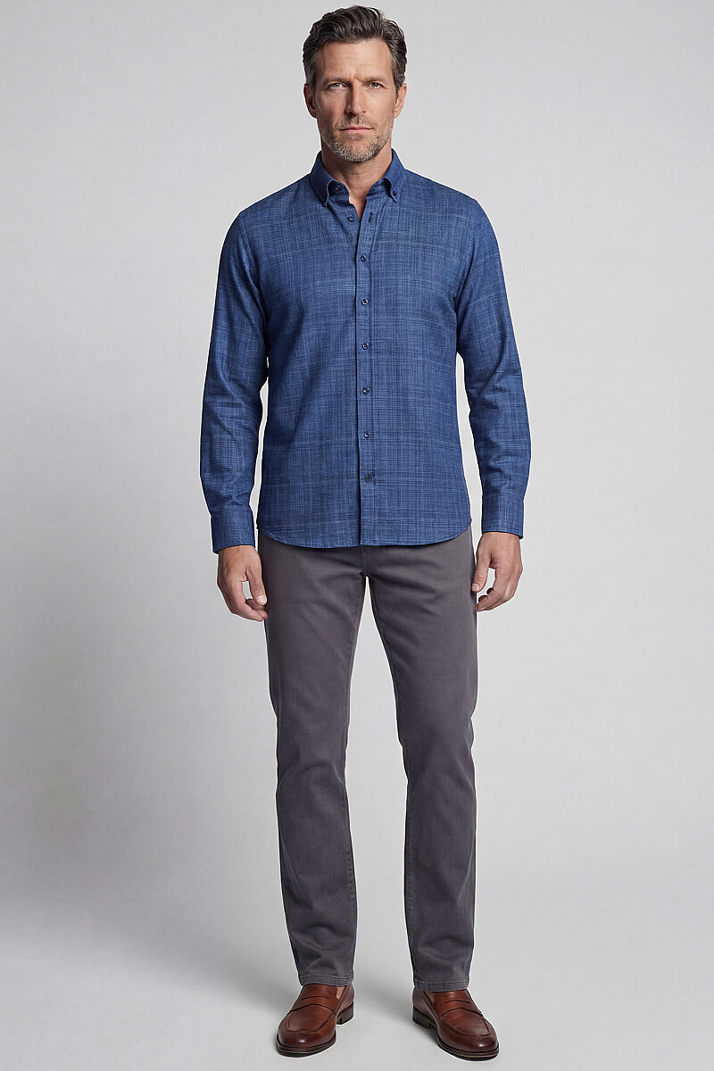 Modern Fit Yarım İtalyan Yaka Pamuk Lacivert Erkek Gömlek - 4