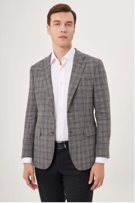 Mono Yaka 6 Drop Çift Yırtmaçlı Antrasit Erkek Yün Ceket