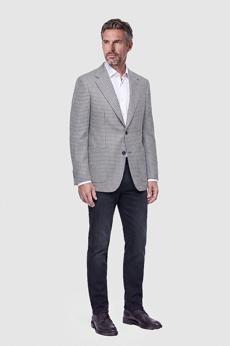 Gri Krem Mikro Kazayağı Desenli Klasik Yaka Blazer Ceket - 5