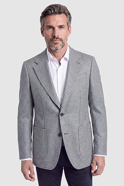 Gri Krem Mikro Kazayağı Desenli Klasik Yaka Blazer Ceket