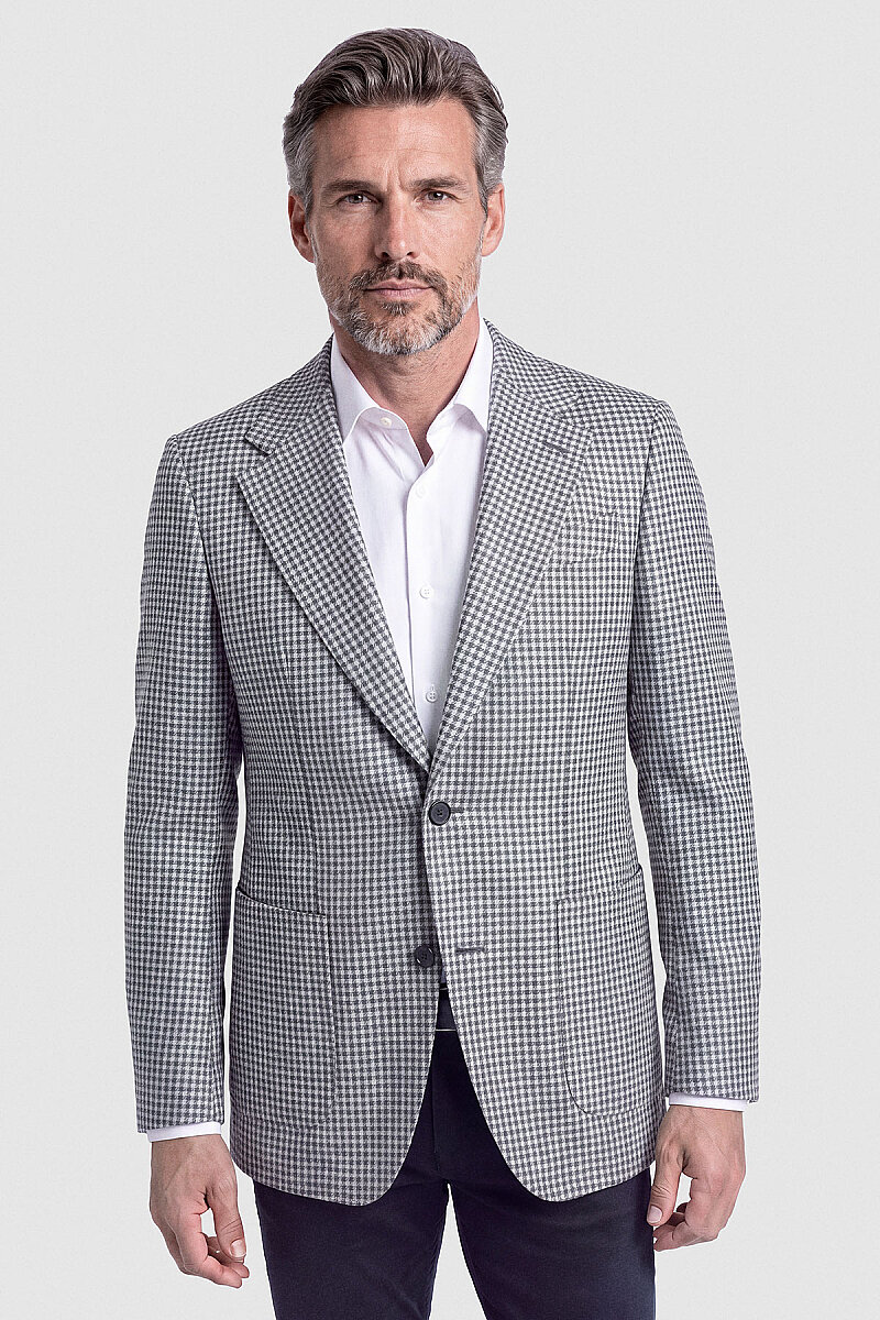 Gri Krem Mikro Kazayağı Desenli Klasik Yaka Blazer Ceket - 1