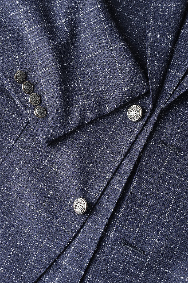 Lacivert Ekose Desenli Çift Düğmeli Blazer Ceket - 3