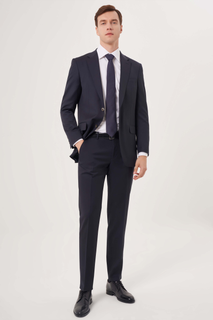 Mono Yaka Drop 6 Çift Yırtmaçlı Lacivert Erkek Yün Blazer Ceket - 5