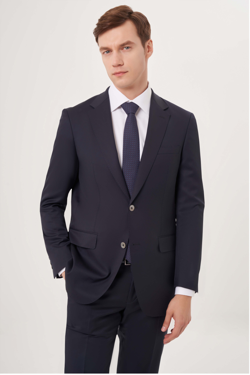 Mono Yaka Drop 6 Çift Yırtmaçlı Lacivert Erkek Yün Blazer Ceket - 1