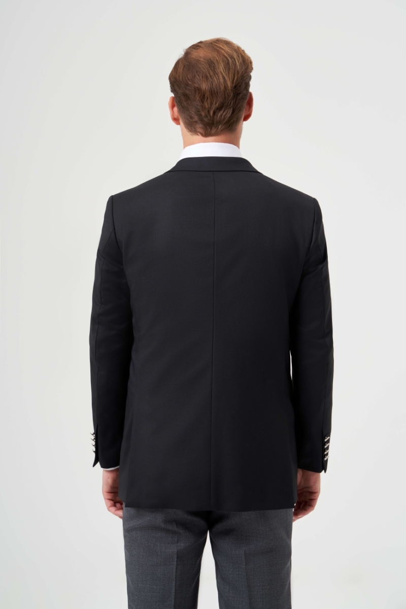 Mono Yaka Drop 6 Çift Yırtmaçlı Siyah Erkek Yün Blazer Ceket - 2