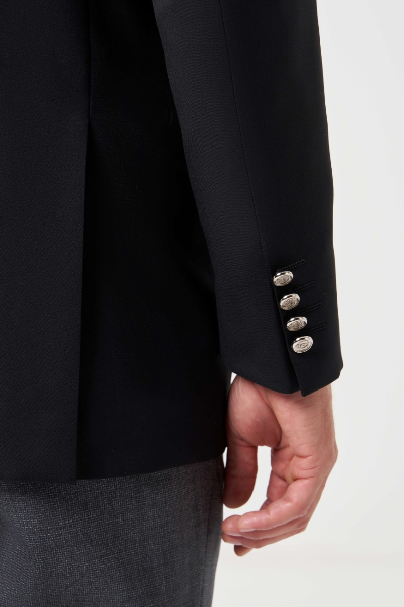 Mono Yaka Drop 6 Çift Yırtmaçlı Siyah Erkek Yün Blazer Ceket - 4