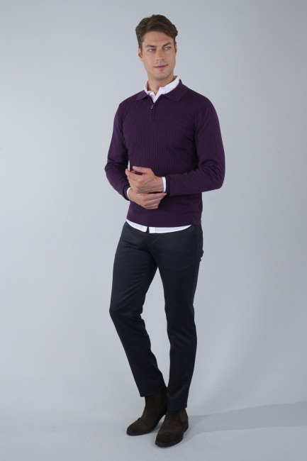 Mürdüm Polo Yaka Fermuarlı Ön Jakar Yün Erkek Triko - 5