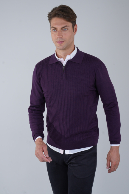 Mürdüm Polo Yaka Fermuarlı Ön Jakar Yün Erkek Triko - 1