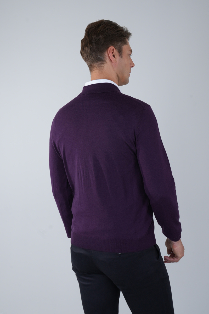 Mürdüm Polo Yaka Fermuarlı Ön Jakar Yün Erkek Triko (1)