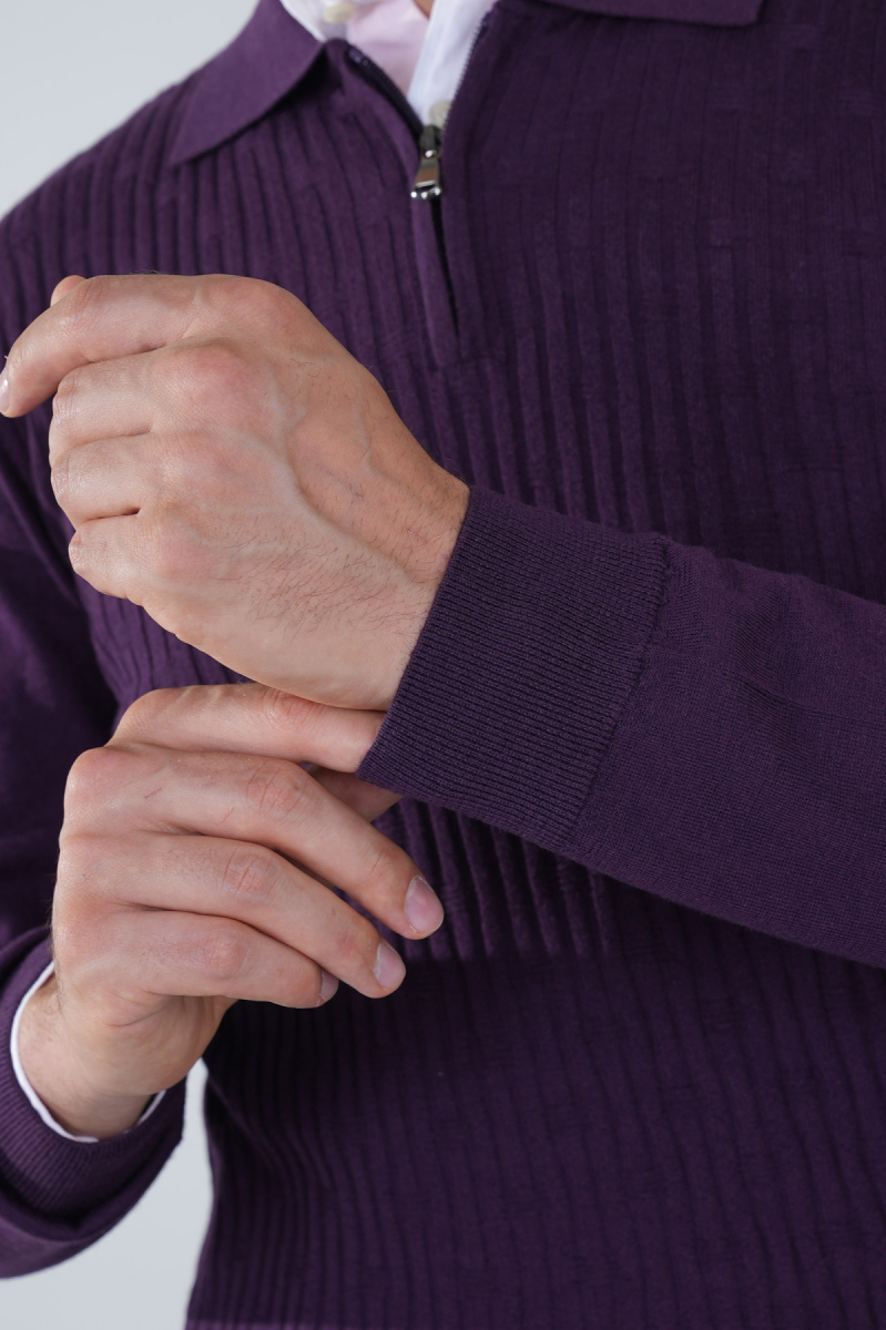 Mürdüm Polo Yaka Fermuarlı Ön Jakar Yün Erkek Triko - 4