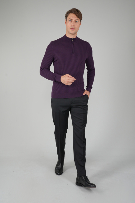 Mürdüm Yarım Balıkçı Fermuarlı Full Jakar Yün Erkek Triko - 5