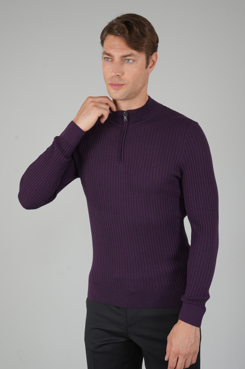 Mürdüm Yarım Balıkçı Fermuarlı Full Jakar Yün Erkek Triko - 1