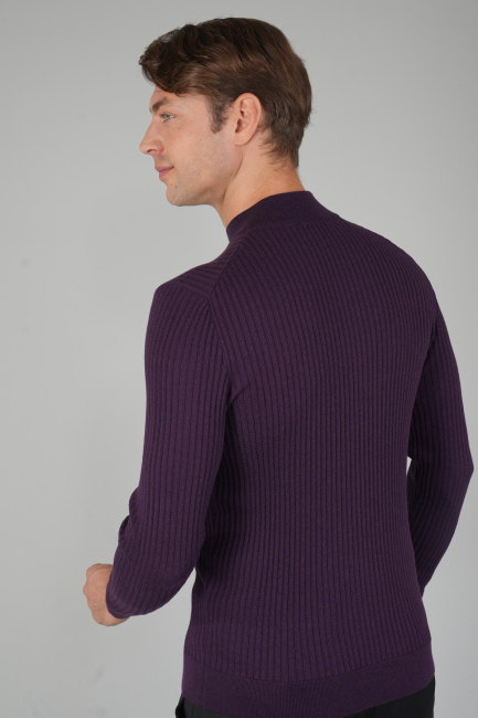 Mürdüm Yarım Balıkçı Fermuarlı Full Jakar Yün Erkek Triko (1)