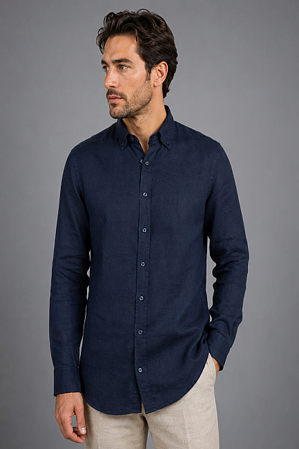 Lacivert Regular Fit Keten Gömlek - 1