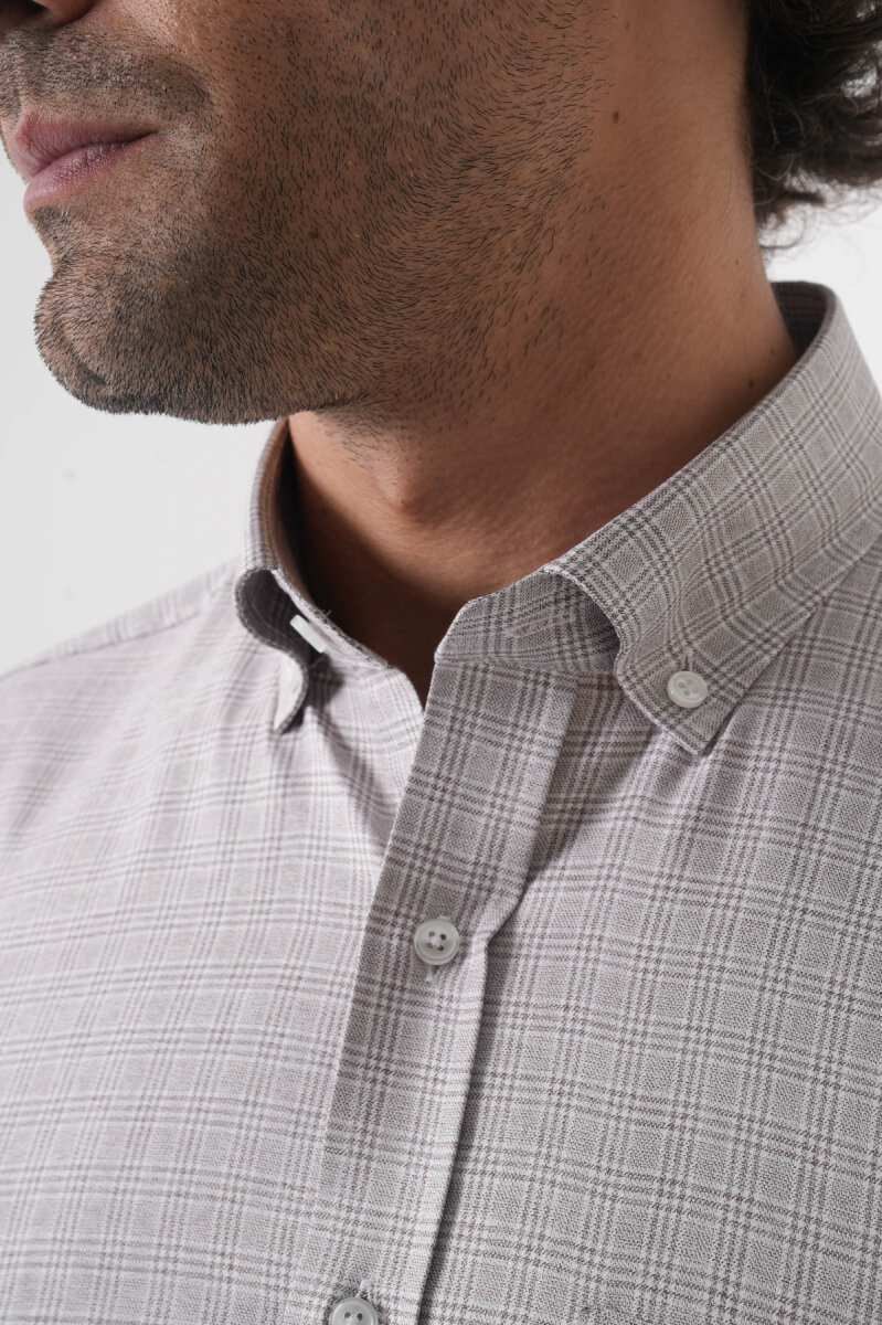 Regular Fit Paşa Yaka Pamuk Kahve Erkek Gömlek - 5