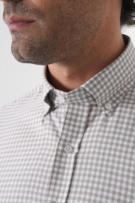 Regular Fit Paşa Yaka Pamuk Gri Erkek Gömlek - 5