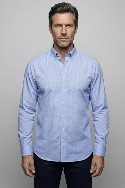 Regular Fit Paşa Yaka Pamuk Mavi Erkek Gömlek Mavi