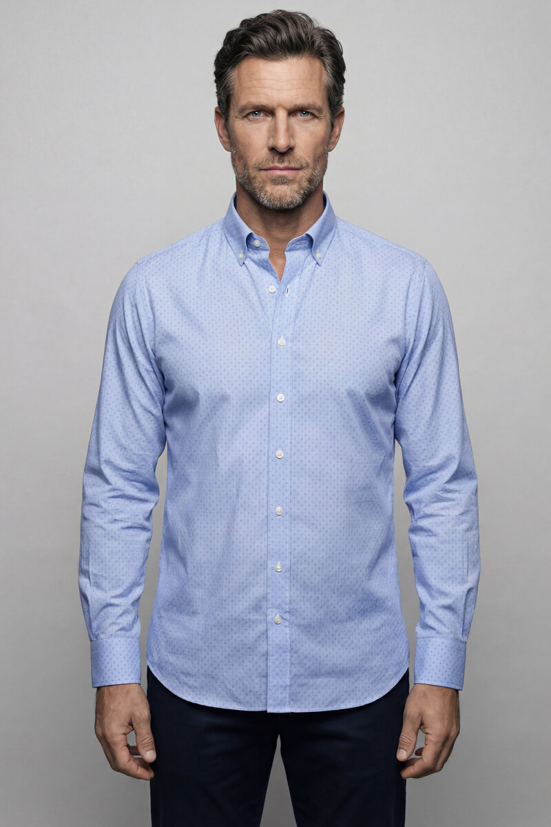 Regular Fit Paşa Yaka Pamuk Mavi Erkek Gömlek - 1