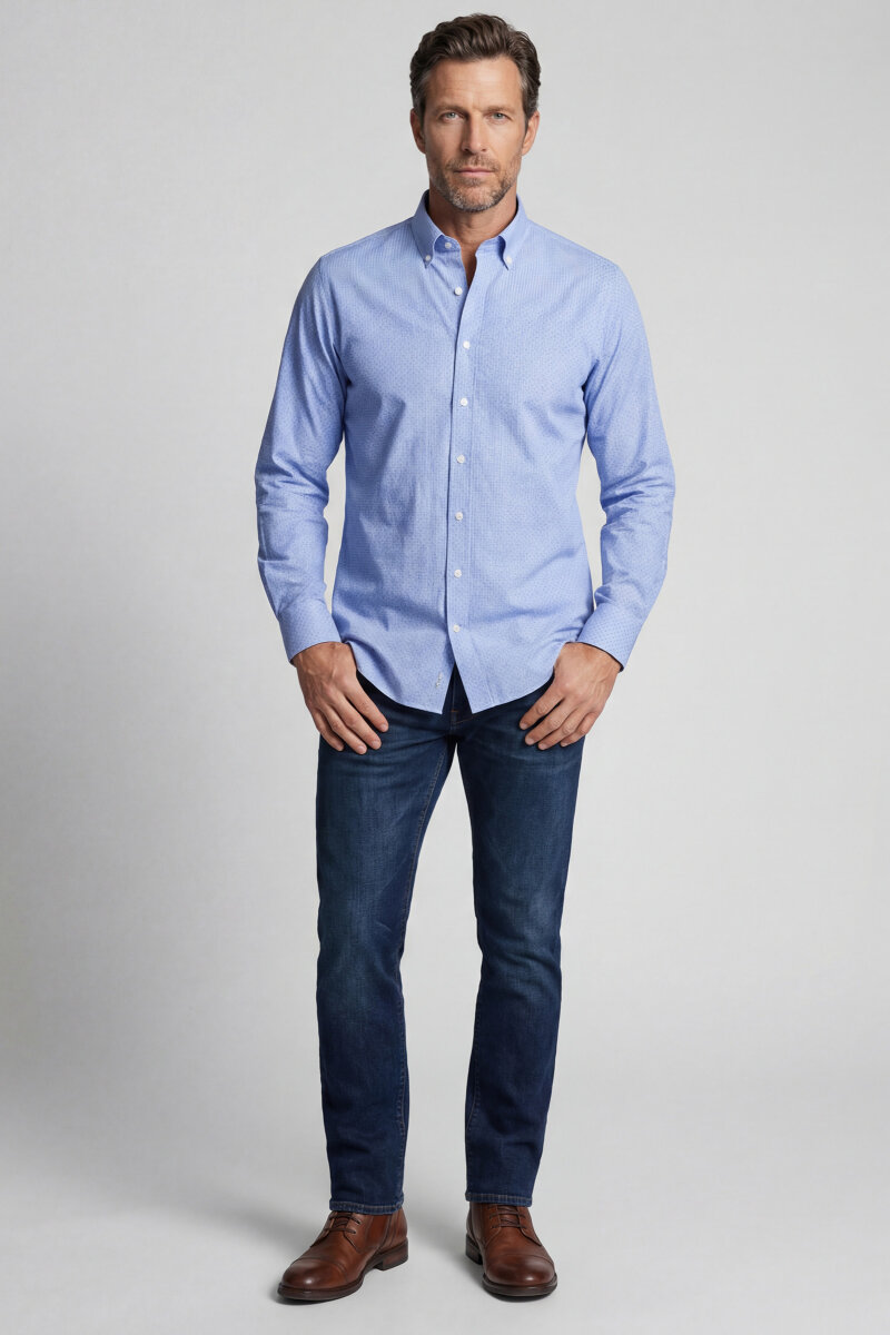 Regular Fit Paşa Yaka Pamuk Mavi Erkek Gömlek - 5