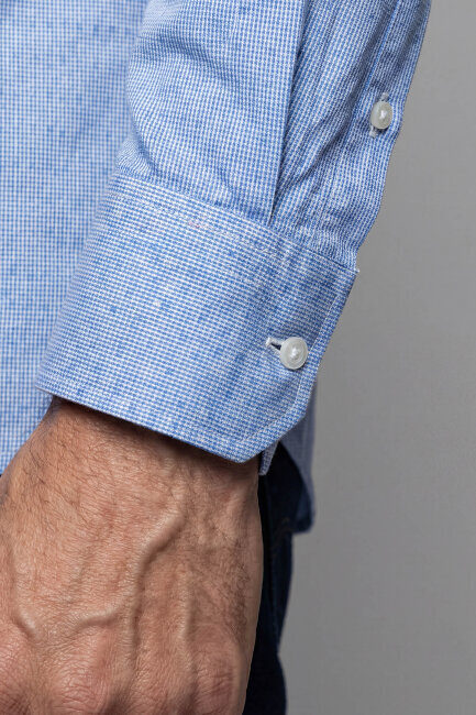 Regular Fit Paşa Yaka Pamuk Mavi Erkek Gömlek - 6