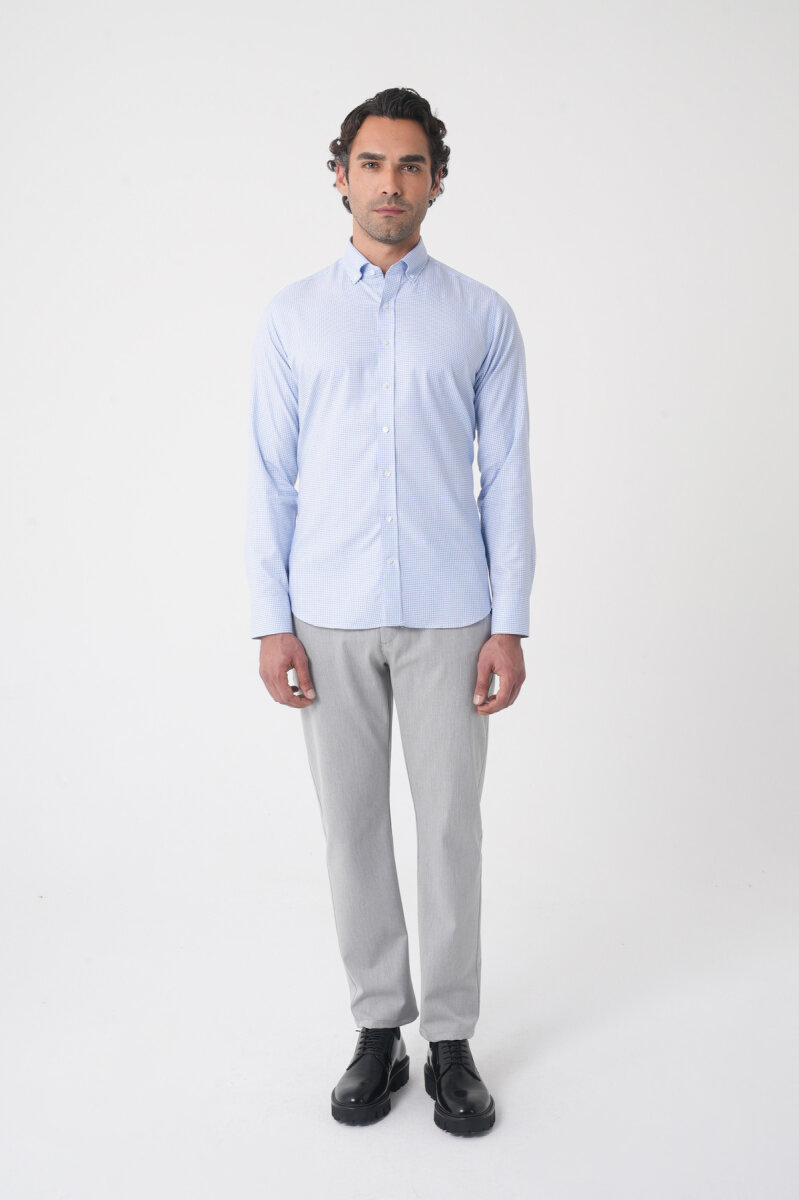 Regular Fit Paşa Yaka Pamuk Mavi Erkek Gömlek - 3