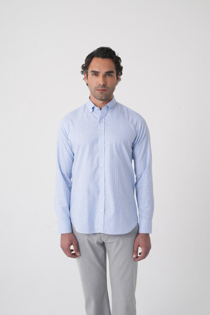 Regular Fit Paşa Yaka Pamuk Mavi Erkek Gömlek