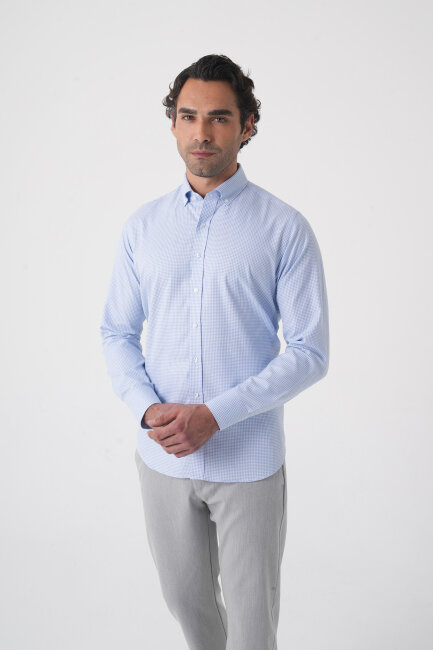 Regular Fit Paşa Yaka Pamuk Mavi Erkek Gömlek (1)