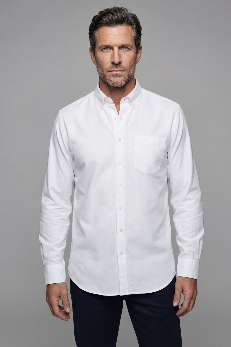 Regular Fit Paşa Yaka Tek Cep Pamuk Beyaz Erkek Gömlek - 1