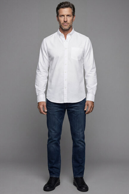 Regular Fit Paşa Yaka Tek Cep Pamuk Beyaz Erkek Gömlek - 4