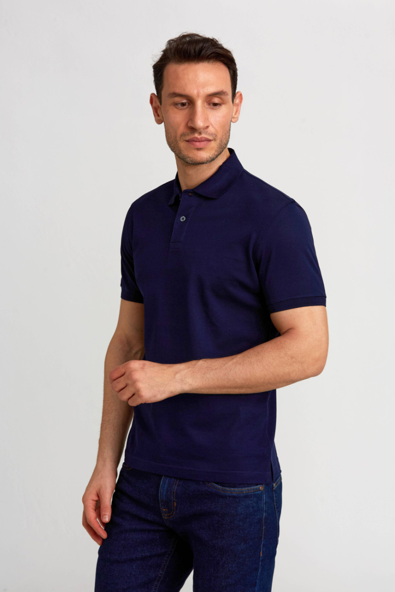 Pike Düğmeli Polo Yaka Lacivert Pamuk Erkek T-Shirt