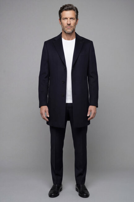 Düğme Detaylı Mono Yaka Lacivert Erkek Kaban - 5