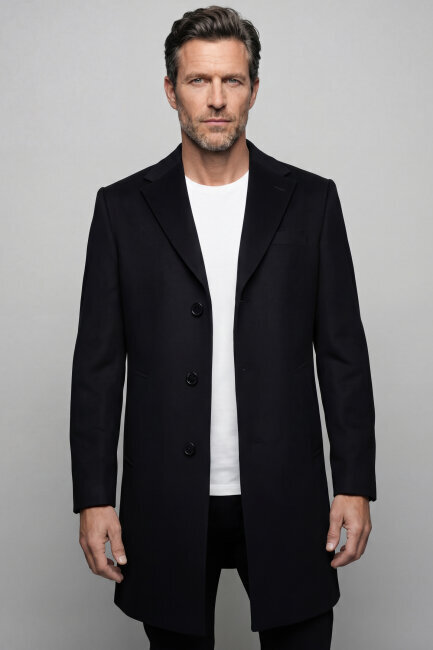 Düğme Detaylı Mono Yaka Siyah Erkek Kaban - 5