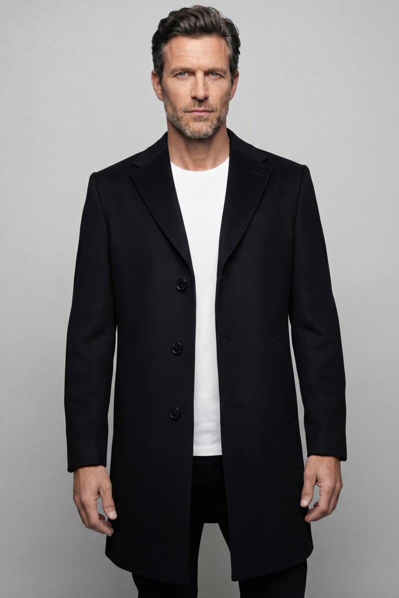 Düğme Detaylı Mono Yaka Siyah Erkek Kaban - 5