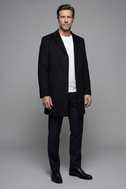 Düğme Detaylı Mono Yaka Siyah Erkek Kaban - 6