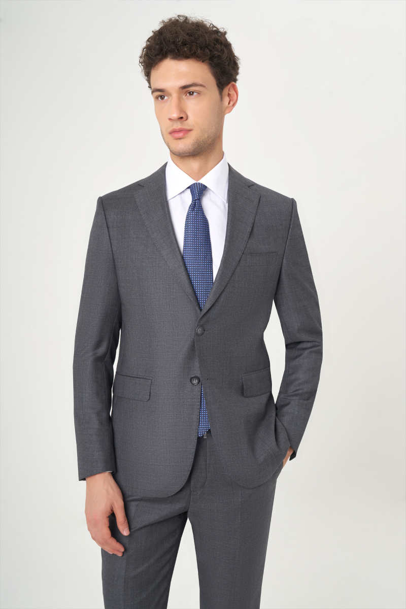 Platinum Erkek 6 Drop Mono Yaka 2 Düğmeli Çift Yırtmaçlı Yün Takım Elbise Füme - 3