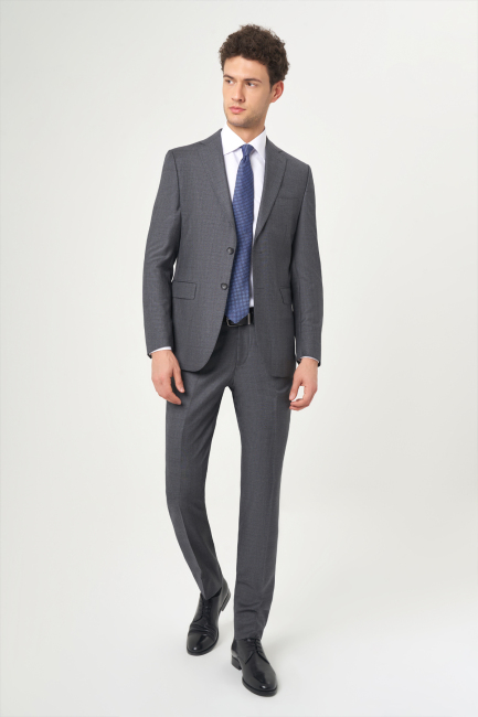 Platinum Erkek 6 Drop Mono Yaka 2 Düğmeli Çift Yırtmaçlı Yün Takım Elbise Füme