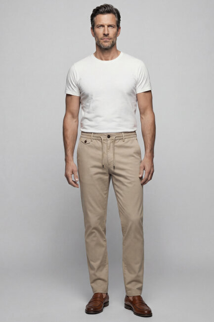 Erkek Lastikli Bağcıklı Spor Jagger Bej Pantolon - 1